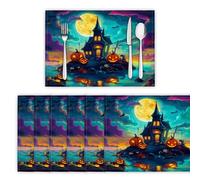 Set di 8 Tovagliette Surrealismo, 45 x 30 cm Tovagliette Rettangolari Casa Fantasma Dell'Isola Resistenti al Calore Tovaglietta Lavabili per Sala da Pranzo Tavolo da Cucina, Blu-Verde