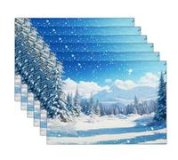 Set Di 8 Tovagliette Tranquillo Scenario Invernale In Lino, Alberi Innevati Ed Elementi Montani Tovagliette, Lavabile Azzurro Chiaro Stagionale Tovagliettes, 45X30cm