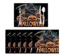 Set di 8 Tovagliette Triste Mietitore, 30 x 45 cm Tovagliette Zucca Di Halloween Rettangolari Lavabili Resistenti al Calore per Cucina, Le Vacanze, Feste Decorazioni, Nero