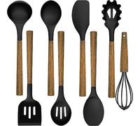 Set di 8 utensili da cucina in silicone con manico in legno e foro per cucina e pasticceria, utensili da cucina antiaderenti resistenti al calore, frusta, spatola (nero)