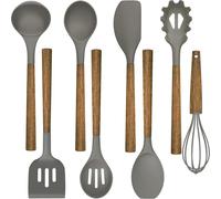 Set di 8 utensili da cucina, in silicone, con manico in legno e foro per cucinare e cuocere, antiaderente, resistente al calore, frusta, spatola (grigia)