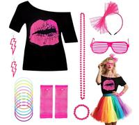 Set di 80 accessori per costume da 80 pezzi, per ragazze con stampa a labbra, set di accessori per magliette con fascia luminosa, occhiali da collo, guanti lunghi per feste, cosplay