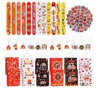 Set di 86 decorazioni per feste di compleanno con vigili del fuoco, con 12 braccialetti slap, 12 sacchetti regalo, 12 portachiavi, 50 adesivi a tema cartone animato, per bambini