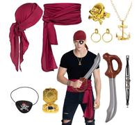Set di 9 accessori per costume da pirata, fascia, cintura, bussola, collana, braccialetto, orecchini, anello, benda per gli occhi, coltello gonfiabile per Halloween, Caraibi, feste, cosplay, per