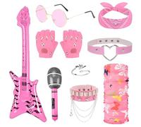 Set di 9 accessori per costume da rocker rosa, punk 80 pezzi, gotico, con guanti, per basso gonfiabile, microfono, bracciali, collare, anello con teschio, occhiali bandana, maschera per adulti
