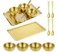 Set di 9 accessori professionali per il viso dorati, include 1 grande vassoio dorato per la cura della pelle, 4 ciotole per mescolare maschere facciali in acciaio inossidabile e 4 cucchiai per