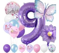 Set di 9 anni con numero di palloncini in pellicola, 22 pezzi, blu viola, decorazione di compleanno, palloncini a farfalla, decorazione per feste di compleanno per bambini, numero 9, palloncini per