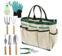 Set di 9 attrezzi da giardino in acciaio inox con rastrello, forchetta allentante del terreno, vanga da giardino, bomboletta spray, guanti, borsa pieghevole, set da giardinaggio (9 pezzi)