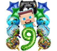 Set di 9 decorazioni di compleanno - 13 pezzi Pixel Ballon Party Pack per ragazzi | Minecraft Gamer sacchetti di compleanno per palloncini e decorazioni per bambini | sacchetti regalo per 9 anni