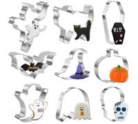 Set di 9 formine per biscotti di Halloween, a forma di fantasma, pipistrello, gatto, zucca, teschio, bara e cappello da strega, in acciaio inox, per le vacanze