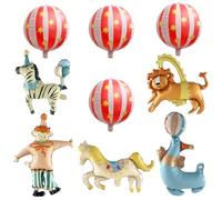 Set di 9 palloncini per feste a tema circo, rosso e rosa, palloncini in lamina a righe, clown, leone, leone marino, zebra e cavallo giostra, compleanno per bambini, baby shower, decorazione per