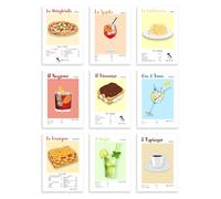 Set di 9 Poster Ricette Italiane Piatti Drink Margherita Spritz Carbonara Negroni Tiramisu Gin Tonic Lasagna Mojito Espresso, Regalo Cucina Bar Ristorante Carta Glossy Premium (A4 (210 mm x 297 mm))