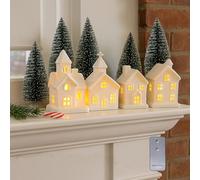 Set di 9 statuette natalizie con villaggio natalizio, 4 case in ceramica illuminate con telecomando e 5 alberi, decorazioni natalizie per interni, decorazione rustica per casa, tavolo e stanza