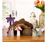 Set di 9 statuine vuote con scena cristiana e croce, set di presepe in legno, set e statuette, per interni, cortile, tavolo, casa, chiesa, famiglia, notte pasquale