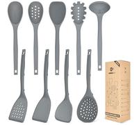 Set di 9 utensili da cucina in silicone, resistenti al calore, con gancio posteriore, utensili da cucina senza BPA, con spatole, cucchiai, skimmer e forchetta per pentole non appiccicose (grigio)