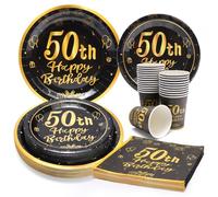 Set di 96 Piatti di Carta per Feste di Compleanno 50° - Colore Nero e Oro - Decorazione da Tavolo per 24 Ospiti - per Bambini e Adulti