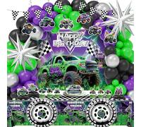 Set di 99 decorazioni per feste di compleanno Monster Truck con palloncini viola e verde nero kit arco con stelle e ruote palloncini a scacchi, sfondo, tovaglia, forniture per feste