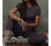 Set di abbigliamento attivo da donna a tinta unita senza cuciture, con maniche corte e pantaloni lunghi, modellante il lato B, aderente, pantaloni lunghi morbidi, casual, fitness, running, yoga, pilat