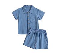 Set Di Abbigliamento Bambini Cotone e Lino Elastico In Vita Girocollo Tuta Estivo Leggero Casual Set Di Vestiti Morbido Unisex Abbigliamento Da Spiaggia Comodi Camicia Manica Corta E Pantaloncini