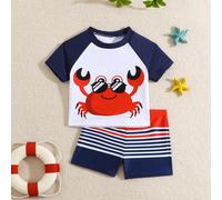 Set di abbigliamento casual per nuoto da vacanza per bambino con stampa di granchio e maniche a raglan e pantaloncini a righe con manica corta e collo a giro 6-9M,9-12M,12-18M,18-24M,2-3YFumetto,Blocc