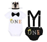 Set di abbigliamento da bambino per il primo primo primo compleanno a tema leone pagliaccetto + bretelle + pantaloncini + corona, 4 pezzi, Leone nero, 12-18 Mesi