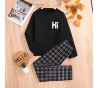 Set di abbigliamento da camera da letto per ragazzi, composto da maglietta a maniche lunghe con stampa "Ciao" e pantaloni a quadri in bianco e nero, in tessuto confortevole, adatto per la primavera, l