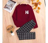 Set di abbigliamento da camera da letto per ragazzi, composto da maglietta a maniche lunghe con stampa "Ciao" e pantaloni a quadri in bianco e nero, in tessuto confortevole, adatto per la primavera, l