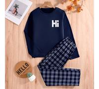 Set di abbigliamento da camera da letto per ragazzi, composto da maglietta a maniche lunghe con stampa "Ciao" e pantaloni a quadri in bianco e nero, in tessuto confortevole, adatto per la primavera, l