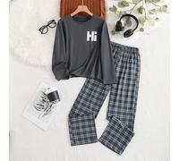 Set di abbigliamento da camera da letto per ragazzi, composto da maglietta a maniche lunghe con stampa "Ciao" e pantaloni a quadri in bianco e nero, in tessuto confortevole, adatto per la primavera, l