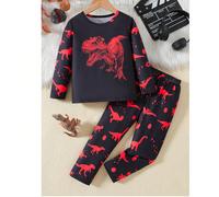 Set di abbigliamento da casa per bambini piccoli, composto da top a maniche lunghe e pantaloni con stampa di dinosauri cartoon, che si illuminano al buio (si illuminano solo sotto luce UV), comodo per