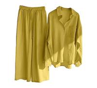 Set di abbigliamento da donna in cotone e lino tuta da donna estiva a maniche lunghe con bottoni camicie a gamba larga pantaloni loungewear 2 pezzi tuta per casual attività all'aperto, Giallo, L