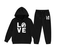 Set di abbigliamento da ragazza, con cappuccio, con stampa a lettere, casual, in due pezzi, abbigliamento elegante per bambini grandi, Nero , 2-3 Jahre
