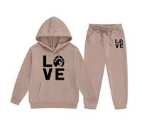 Set di abbigliamento da ragazza, con cappuccio, con stampa a lettere, casual, in due pezzi, abbigliamento elegante per bambini grandi, cachi, 6-7 Jahre