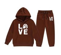 Set di abbigliamento da ragazza, con cappuccio, con stampa a lettere, casual, in due pezzi, abbigliamento elegante per bambini grandi, marrone, 6-7 Jahre