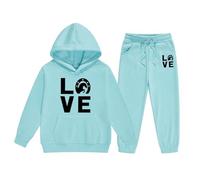 Set di abbigliamento da ragazza, con cappuccio, con stampa a lettere, casual, in due pezzi, abbigliamento elegante per bambini grandi, Celeste., 6-7 Jahre