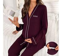 Set di abbigliamento da relax premaman con cardigan scollo a V con bordi a contrasto, ricamo a lettera sulle maniche lunghe e pantaloni L,M,S,XLLettereTessuto in maglia