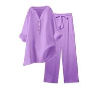 Set di abbigliamento da salotto da donna, estivo, in cotone e lino, casual, camicette a tunica con bottoni e scollo a V, pantaloni a gamba larga, 2 pezzi, ideale per il salotto, le vacanze, Viola, XL