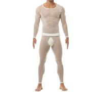 Set di abbigliamento da uomo in seta di ghiaccio trasparente elasticizzato a maniche lunghe leggings collant tuta ultra sottile palestra fitness camicia muscolare pantalone, bianco, L
