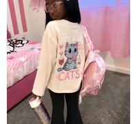 Set di abbigliamento dolce e carino per ragazze, top a maniche lunghe color albicocca e pantaloni a zampa d'elefante neri, con stampa sul retro "JUST A GIRL WHO LOVES CATS" slogan divertente, con illu