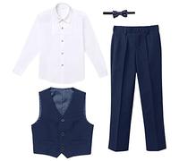 Set di Abbigliamento per Bambino Ragazzi Completi e Coordinati Camicia a Maniche Lunghe Pantaloni Cravatta a Farfalla Gilet 4pz Abiti da Cerimonia Smoking Completi da Sposa da Uomo Blu 6-7 Anni