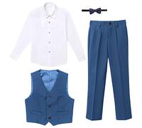 Set di Abbigliamento per Bambino Ragazzi Completi e Coordinati Camicia a Maniche Lunghe Pantaloni Cravatta a Farfalla Gilet 4pz Abiti da Cerimonia Smoking Completi da Sposa da Uomo Blu 7-8 Anni
