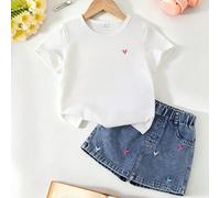 Set di abbigliamento per ragazza giovane con 2 pezzi: maglietta a maniche corte con scollo rotondo e pantaloncini di jeans con ricamo a cuore, outfit casual per l'inizio dell'autunno e il ritorno a sc