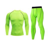 Set di abbigliamento sportivo a compressione da uomo, top e leggings a maniche lunghe, colore verde fluo, tuta termica per allenamento atletico, ad asciugatura rapida, per corsa, ciclismo e fitness,