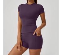 Set di abbigliamento sportivo estivo da donna, composto da top a maniche corte e pantaloncini aderenti che valorizzano il lato B, adatto per danza, attività fisica e uso casual L,M,S,XLColore unicoTes