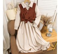Set di abiti casual per ragazze pre-adolescenti, adatto per primavera, autunno e inverno - include un cardigan marrone con cintura, abbinato a un abito a maniche lunghe color albicocca con colletto. A