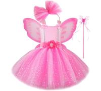 Set di abiti da principessa da ragazza, con paillettes rosa, in tulle con ali, bacchetta magica e cerchietto per capelli, per carnevale, compleanni, feste, Halloween, servizio fotografico