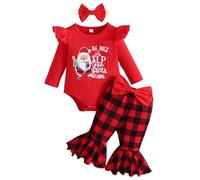 Set di abiti da ragazza tuta per bambini Natale a maniche lunghe triangolo tasca con fiocco pagliaccetto lettere stampa pantaloni lunghi fasce (rosso, 12-18 mesi)