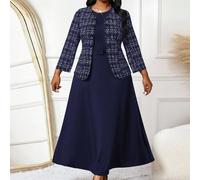 Set di abiti eleganti casual da donna per primavera, estate, autunno e inverno, composto da un abito midi a maniche lunghe con scollo tondo, vita in vita e bottoni, e una gonna lunga nera o marrone. 0