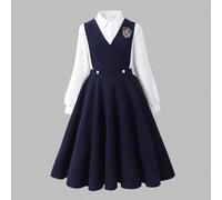 Set di abito camicia con bretelle stile preppy per ragazze, camicia bianca a maniche lunghe + abito lungo con bretelle blu navy che stringe la vita, set da 2 pezzi, abbigliamento formale per esibizion