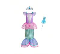 Set di abito viola corto con maniche a volant per ragazze, abbigliamento per bambini con paillettes a scaglie di pesce in rete e orlo doppio a sirena, adatto per viaggi, vacanze, feste, esibizioni, co